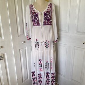 Bohemian White Maxi Dress with Purple and Pink Embroidery